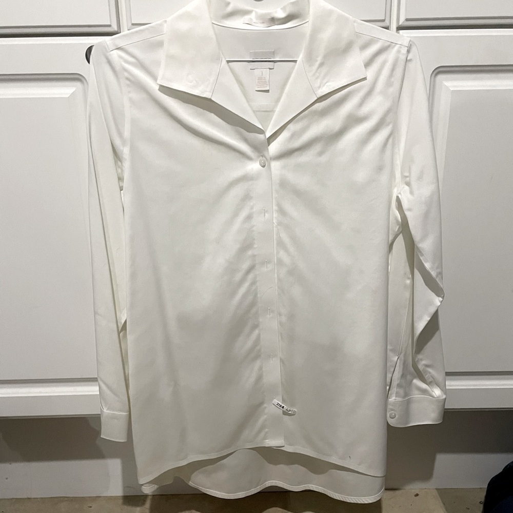 Women’s one petite collared button-down shirt white long sleeve.